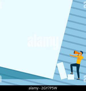 Man Standing Drawing Holding Megaphone Pointing Blank Wall. Stock Photo