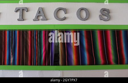 Closed Taco Stand With Colorful Curtains Stock Photo