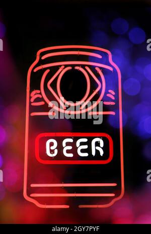 Red Neon Beer Can Sign Stock Photo