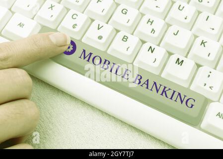 Conceptual display Mobile Banking, Word for to create financial transactions with the use of smartphone Abstract Typing Presentation Message, Retyping Stock Photo