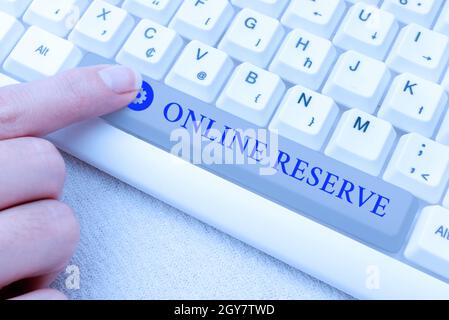 Text sign showing Online Reserve, Business idea enables the customers to book by checking availability Abstract Typing Presentation Message, Retyping Stock Photo