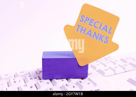 Sign displaying Special Thanks, Business approach appreciating something or someone in a most unique way Computer Laptop For Communication Typing New Stock Photo