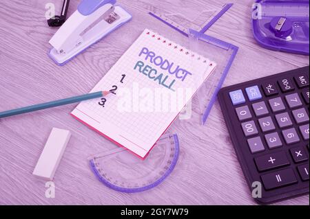 Writing displaying text Product Recall, Word Written on request to return the possible product issues to the market Inspirational business technology Stock Photo