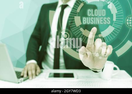 Text showing inspiration Cloud Business, Business approach internetbased delivery of services made available to users Bussiness Man Sitting Desk Lapto Stock Photo