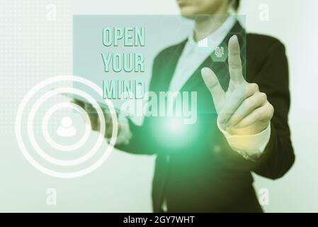 Conceptual caption Open Your Mind, Word Written on to be able to understand different ideas or ways of thinking Inspirational business technology conc Stock Photo