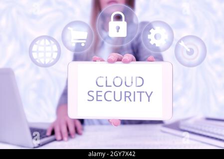 Handwriting text Cloud Security, Internet Concept Imposing a secured system of existing data in the Internet Business Woman Sitting In Office Holding Stock Photo