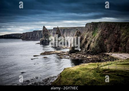 The rugged & bleak yet beauty of nature that formed the Stacks out of the cliff face at Duncansby Head on Scottish Highlands north coast line Stock Photo