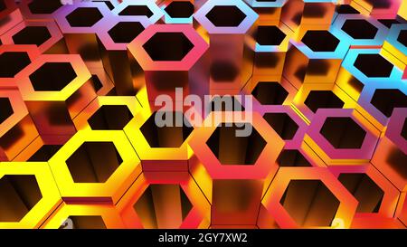 Bright hexagons from 3d render of geometric textures. Futuristic techno surface with shiny gradient. Colorful decorative mosaic with varying heights a Stock Photo