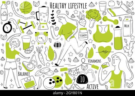 Hand drawn doodle fitness and sport seamless pattern. Healthy