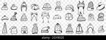 Headdress doodle set. Collection of hand drawn various warm caps and hats for wearing during winter or autumn isolated on transparent background. Illu Stock Photo