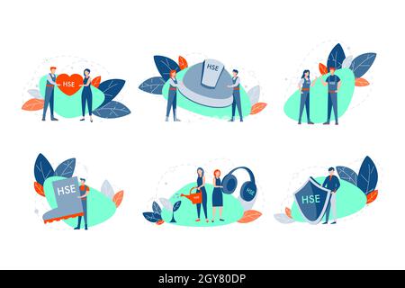 Health, safety, environment set concept. Young men women demonstrate helmet, shield, boot and heart with HSE abbreviation. Symbols of modern problem o Stock Photo