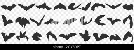 Flying bat with wings doodle set. Collection of hand drawn various black silhouettes of flying bats animals in rows isolated on transparent background Stock Photo