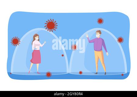 Coronavirus, social distancing, infection, protection concept. Youn man boy woman girl keeping safe space from each other. Preventive measures for avo Stock Photo