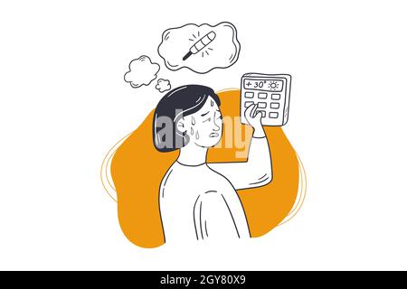 Summer, heat, conditioning concept. Young sweating woman girl cartoon character adjusting central heating temperature at home on thermostat. Adjustmen Stock Photo