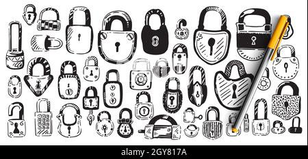 Locks doodle set. Collection of hand drawn sketches patterns templates of different shape metal door padlocks on white background. Safety protective e Stock Photo