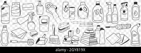 Housework equipment and tools doodle set. Collection of hand drawn various sprays brushes gloves liquids for cleaning and washing in rows isolated on Stock Photo