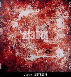Close up grunge red and white abstract uneven background texture of vintage weathered surface with defects, stains and scratches Stock Photo