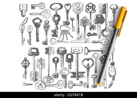 Keys doodle set. Collection of different shape small key for opening door locks isolated on white background. Decorative vintage old design switches a Stock Photo