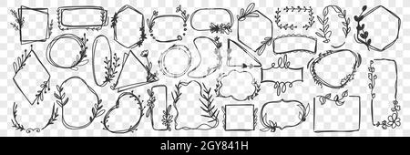 Vintage frames doodle set. Collection of hand drawn various shapes or mirrors or different shapes and sizes isolated on transparent background. Illust Stock Photo