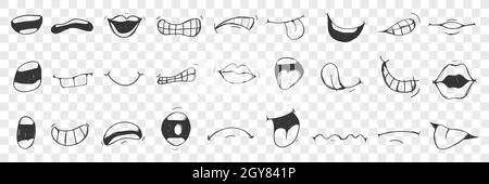 Lips, tongue, mouth doodle set. Collection of hand drawn human lips, open mouth, showing tongue with different emotions isolated on transparent backgr Stock Photo