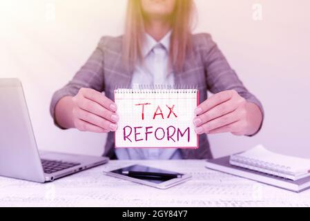 Conceptual display Tax Reform, Word Written on government policy about the collection of taxes with business owners Financial Advisor Giving Money Sav Stock Photo