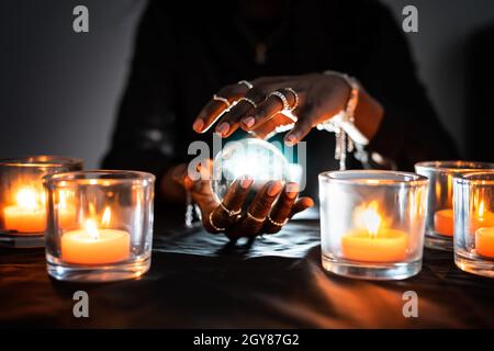 Fortune Teller Predicting Future Using Crystal Ball Stock Photo