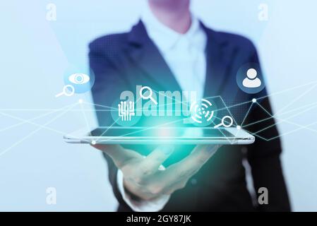 Lady In Suit Presenting Mobile Device With Futuristic Interface Tech. Stock Photo