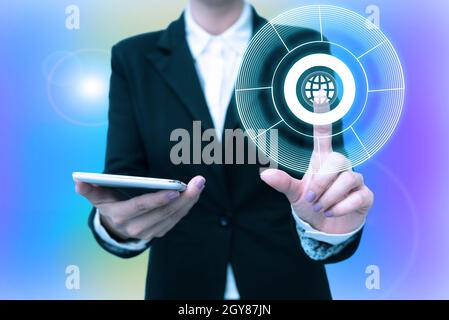Lady In Uniform Holding Phone Pressing Virtual Button Futuristic Technology. Stock Photo