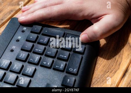 Hands Pointing Pressing Computer Keyboard Keys Typewriting New Ideas. Stock Photo