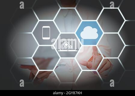 Lady Holding Tablet Pressing On Virtual Button Showing Futuristic Tech. Stock Photo