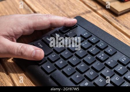 Hands Pointing Pressing Computer Keyboard Keys Typewriting New Ideas. Stock Photo