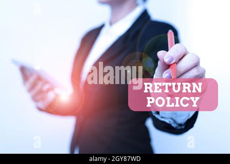 Text showing inspiration Return Policy, Concept meaning Tax Reimbursement Retail Terms and Conditions on Purchase Presenting New Technology Ideas Disc Stock Photo