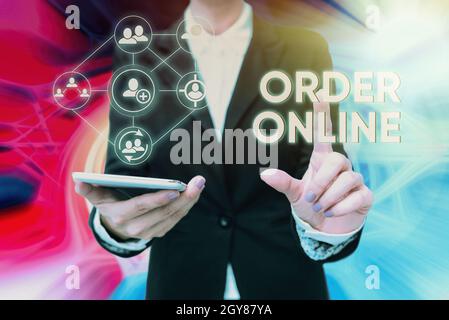 Text caption presenting Order Online, Conceptual photo Buying goods and services from the sellers over the internet Lady In Uniform Holding Phone Pres Stock Photo