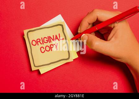 Text sign showing Original Copy, Business showcase Main Script Unprinted Branded Patented Master List Writing Notes And Important Ideas New Bulletin B Stock Photo