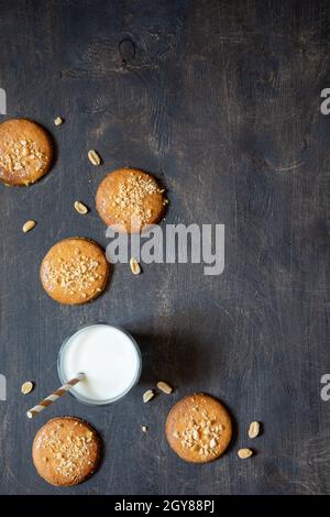 homemade shortbread cookies with peanuts on a wooden background. peanut cookie. flat lay, place for text, food background. Stock Photo