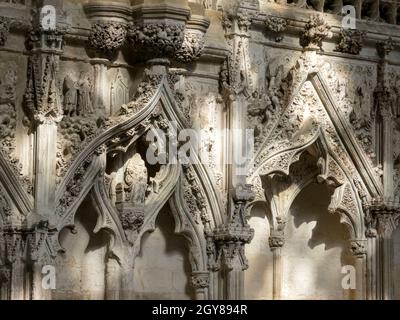 Part of the Lady chapel showing headless statues that were vandalised during the Reformation in Ely Cathedral in Ely, Cambridgeshire, UK, which dates Stock Photo