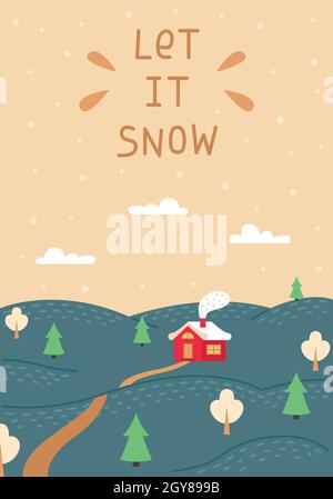 A Christmas card with a winter landscape and a small red house. Space for text. New year greeting card. Stock Vector