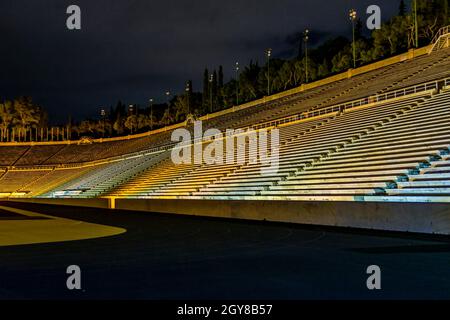 Night scene empty olympic stadium, athens city, greece Stock Photo