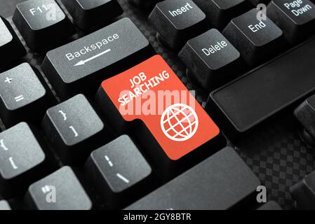Conceptual display Job Searching, Internet Concept listing the possible occupation that you are capable of Retyping Download History Files, Typing Onl Stock Photo