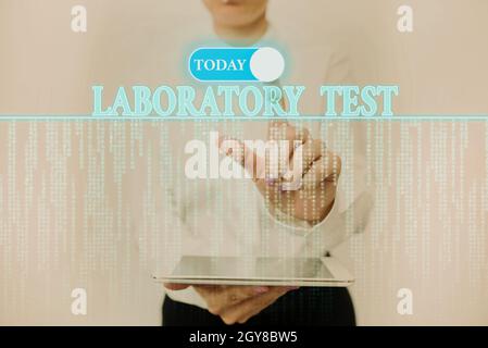 Sign displaying Laboratory Test, Business concept Determination of a medical diagnosis from the substances tested Lady Holding Tablet Pressing On Virt Stock Photo