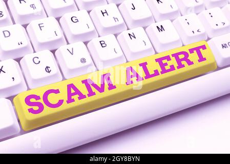 Handwriting text Scam Alert, Internet Concept fraudulently obtain money from victim by persuading him Typewriting End User License Agreement, Typing N Stock Photo