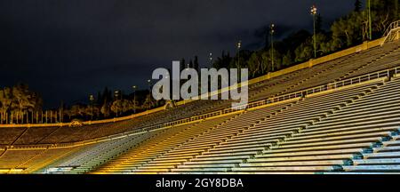 Night scene empty olympic stadium, athens city, greece Stock Photo