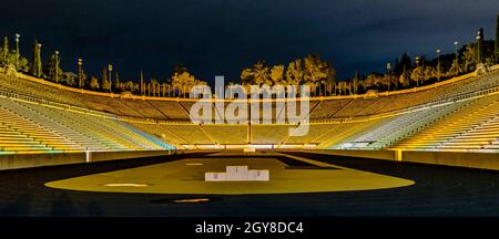 Night scene empty olympic stadium, athens city, greece Stock Photo