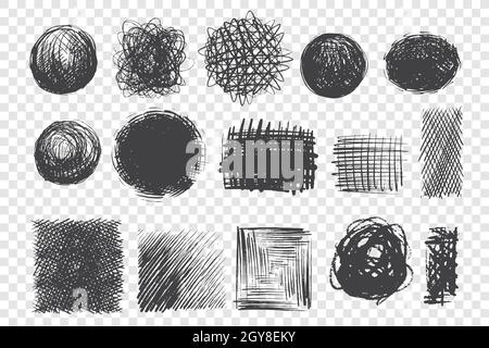 Round and square shape scribbles hand drawn doodle set. Types of pen and pencil hatching set. Monochrome black ink drawing on transparent background. Stock Photo