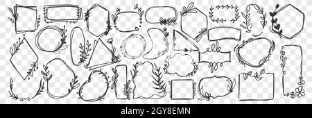 Vintage frames doodle set. Collection of hand drawn various shapes or mirrors or different shapes and sizes isolated on transparent background. Illust Stock Photo