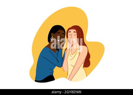 Gossiping, whispering secret concept. Smiling girls spreading rumors, happy young women communicate, friends discussing gossips, sharing news, private Stock Photo