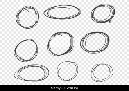 Round chaotic scribble frames set. Empty thin line borders, decorative geometric shapes pack. Ink pen circles and ovals isolated on transparent backgr Stock Photo