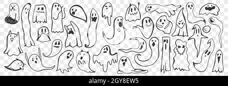 Ghost doodle set. Collection of hand drawn cute scary spooky ghosts of various shapes trying to frighten isolated on transparent background. Illustrat Stock Photo