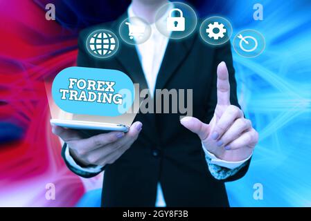 Text sign showing Forex Trading, Word Written on global market allowing the trading, exchange of currency Lady In Uniform Holding Phone Pressing Virtu Stock Photo