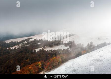 Amazing scene on autumn mountains. First snow and orange trees in fantastic morning fog. Carpathians, Europe. Landscape photography Stock Photo